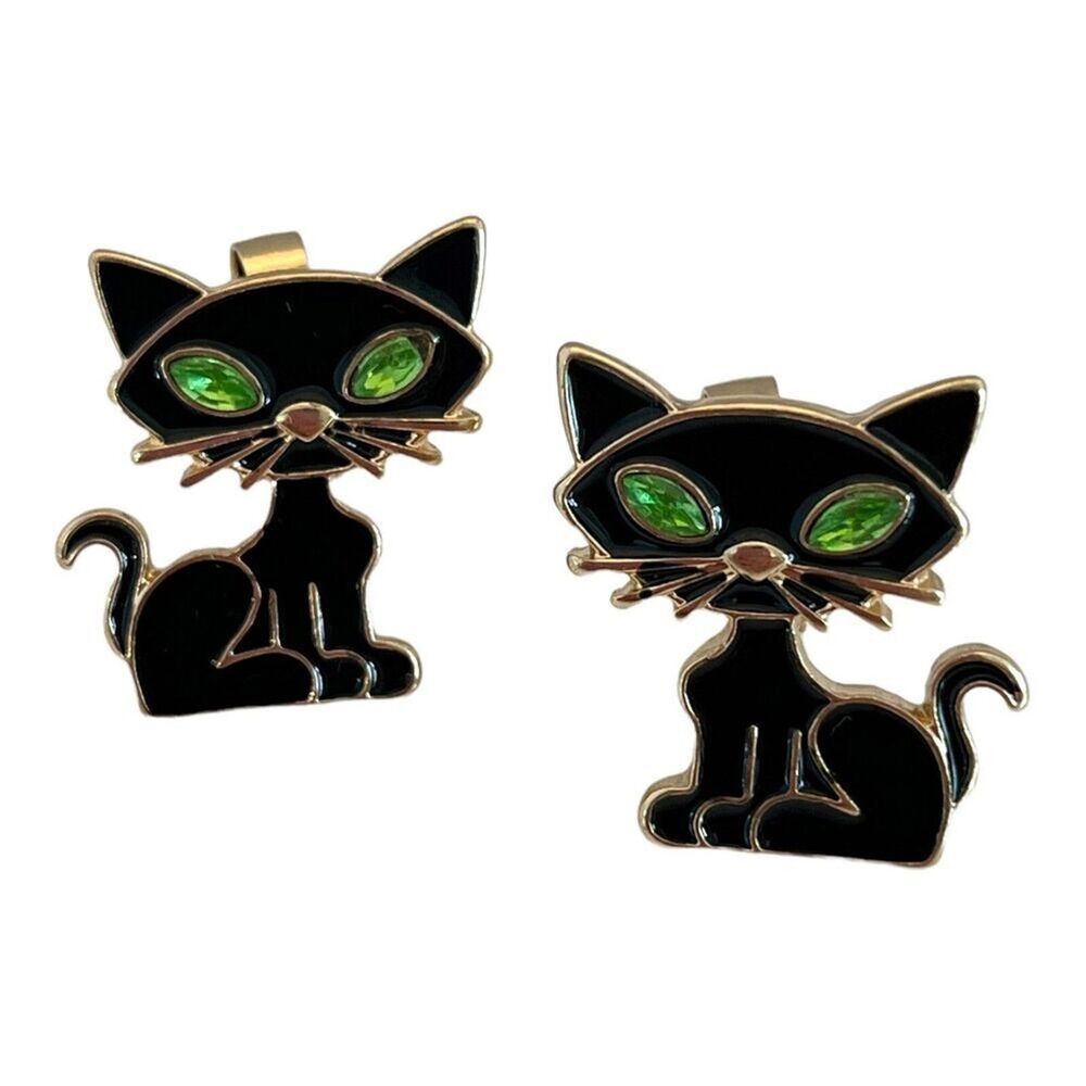 Vintage 1980s Black Cat Clip On Earrings Green Crystal Eyes Halloween Kitty - 6M